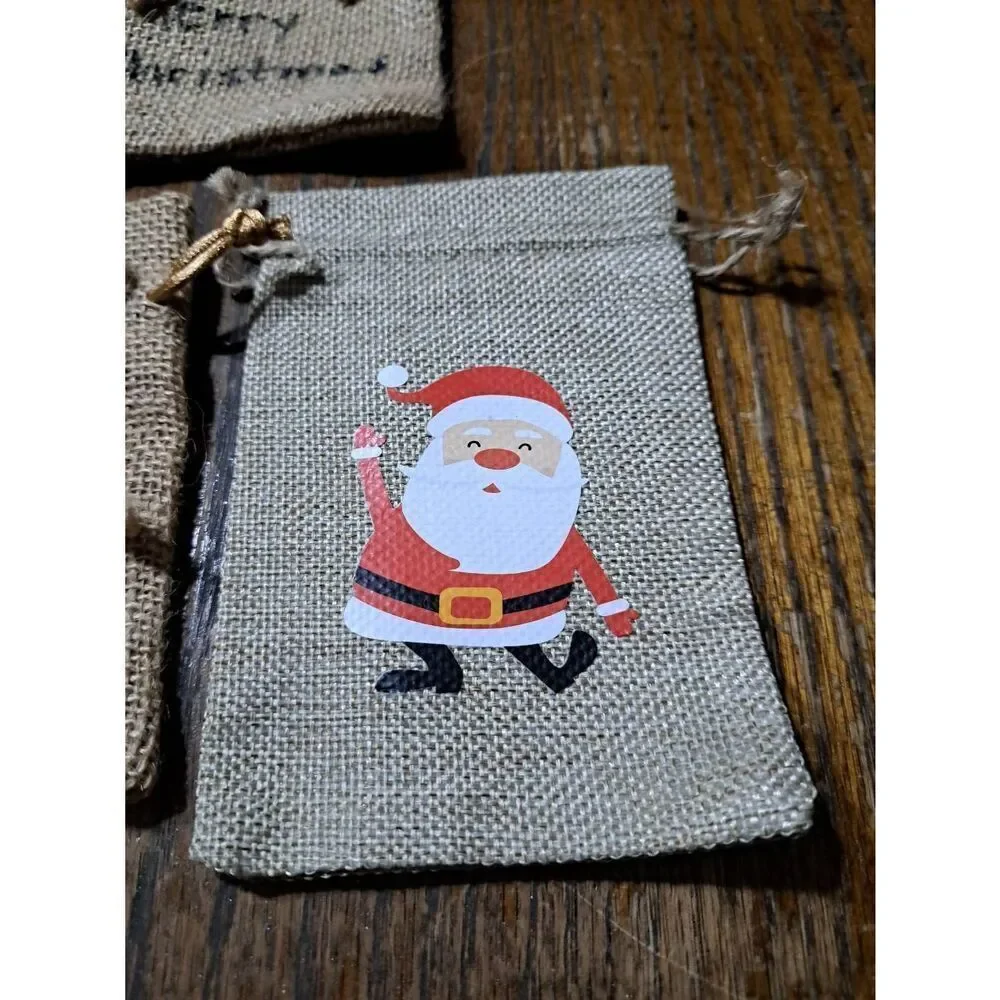 New Vintage Handmade 3 Burlap Mini Christmas Holiday Gift Bags Santa Wreath